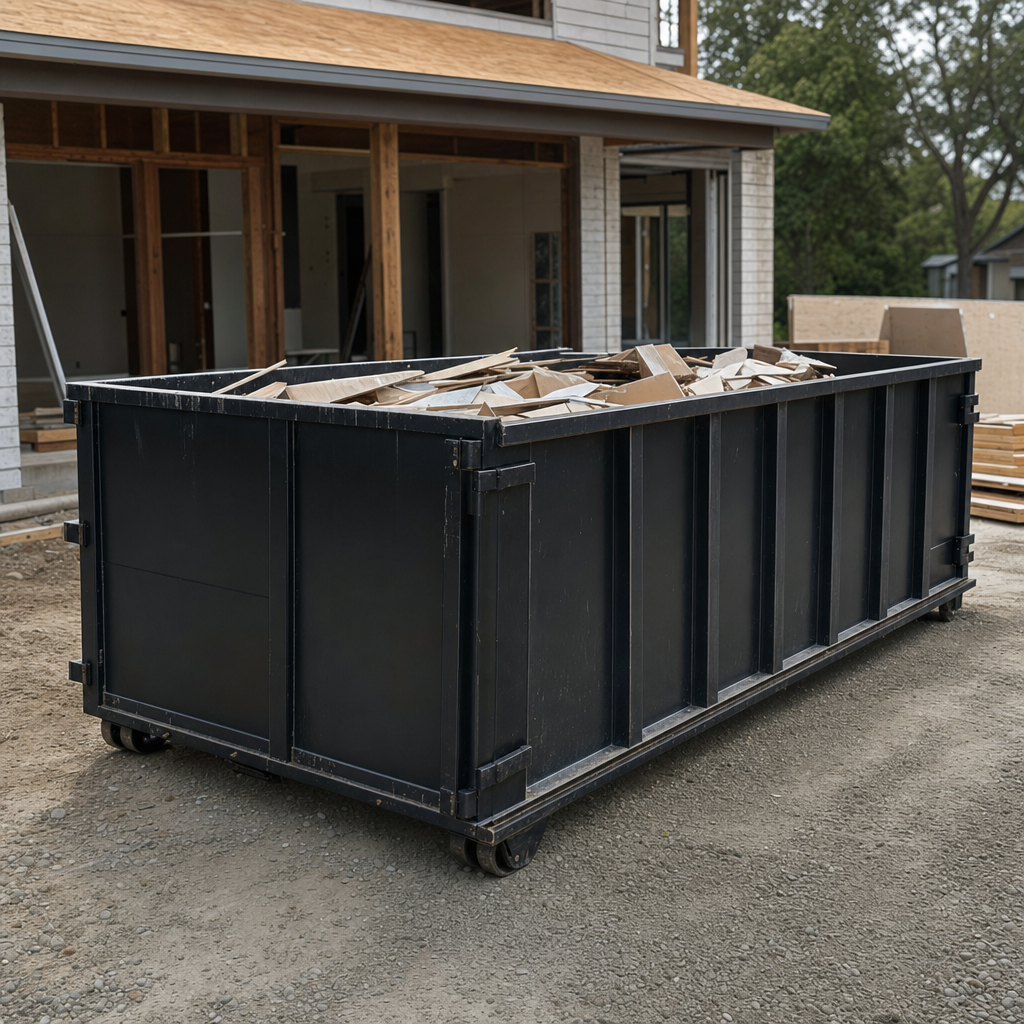 Large matte-black 30-yard construction roll-off dumpster at an active Estero jobsite, steel-gray top rails and bottom rollers visible, loaded with construction debris.