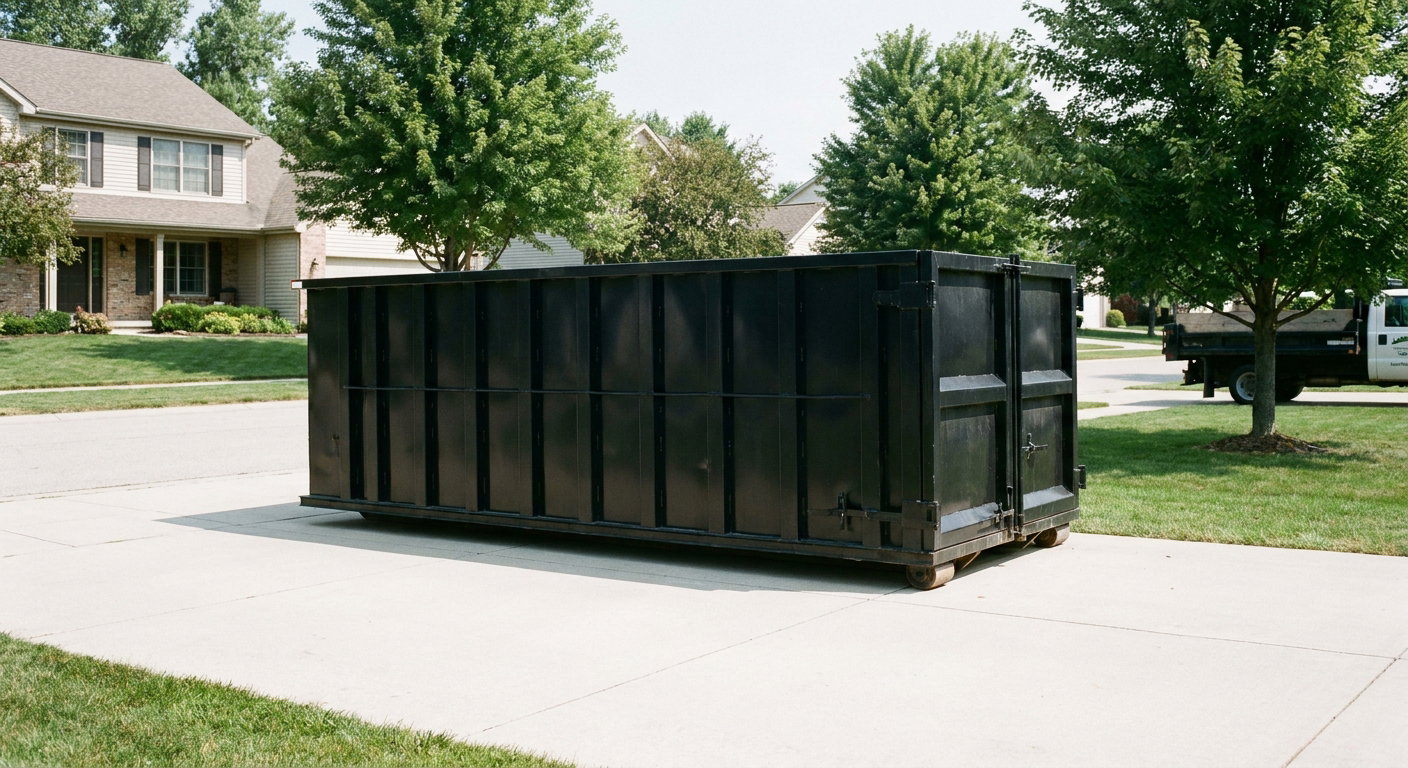 Matte-black 20-yard roll-off dumpster sitting level on a clean Estero residential concrete driveway under bright daylight, demonstrating clean placement directly on the concrete.