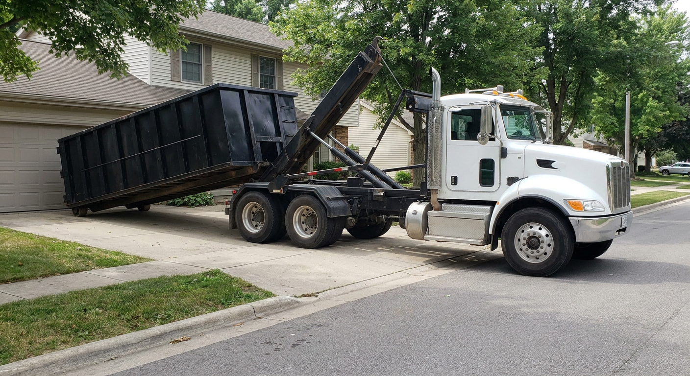 White-cab hooklift roll-off truck actively lowering a matte-black dumpster onto a Estero residential concrete driveway, the dumpster's rear wheels touching the driveway as the hoist arm tilts the bed forward, mid-morning daylight.